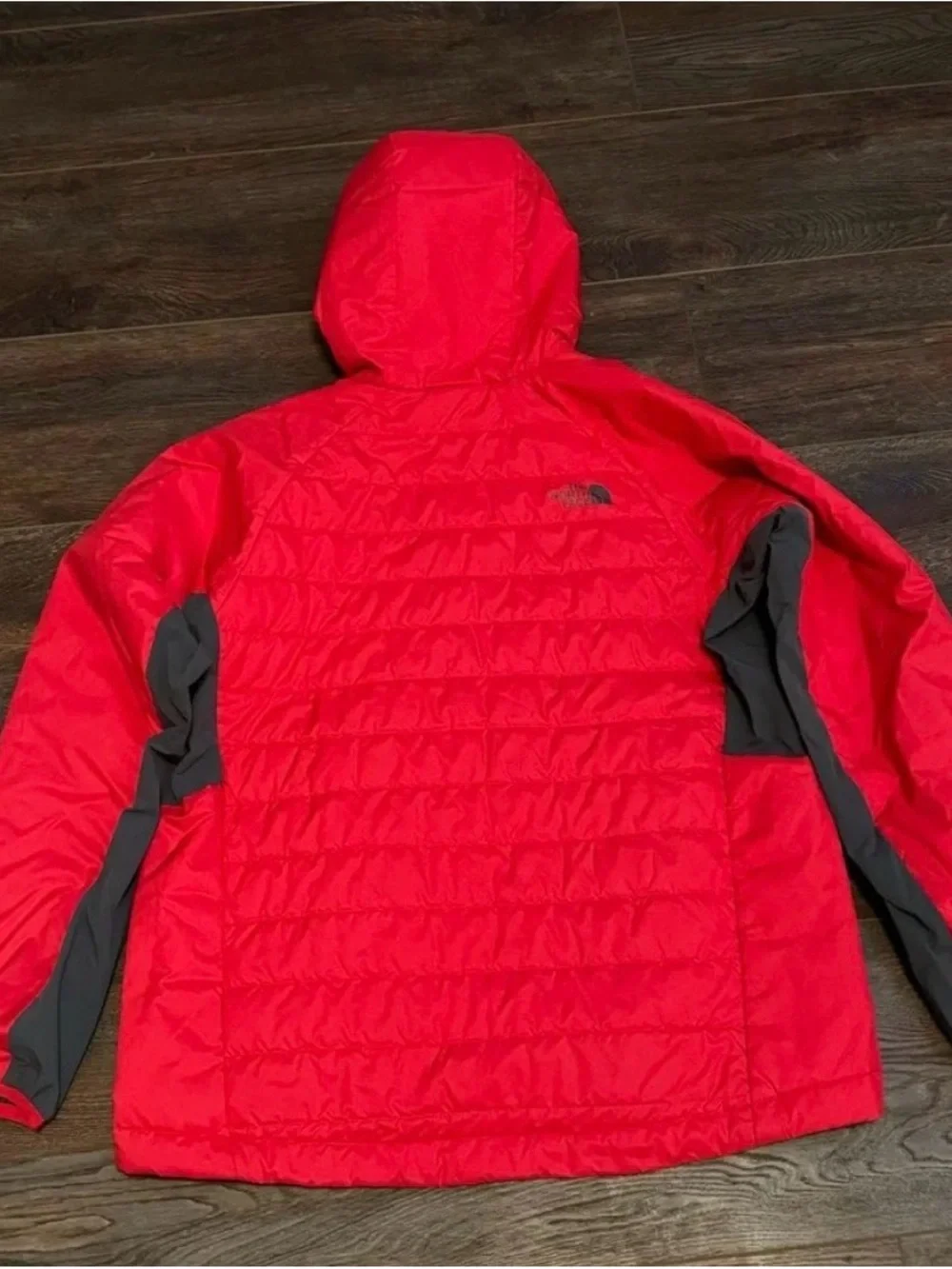 The North Face Red Hooded Puffer Jacket with Gray Panels